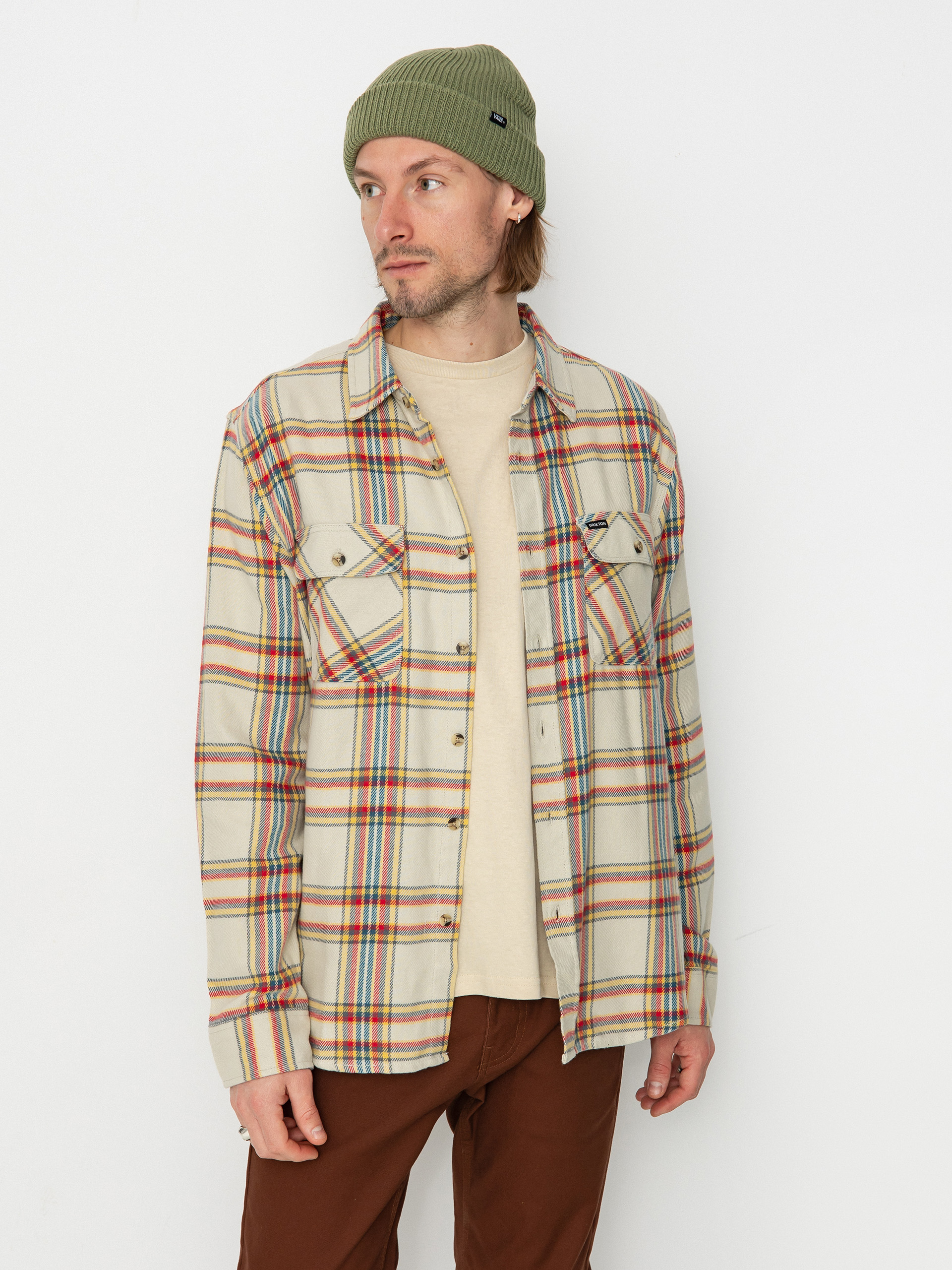 Риза Brixton Bowery Flannel Ls (white smoke/yellow/casa red)