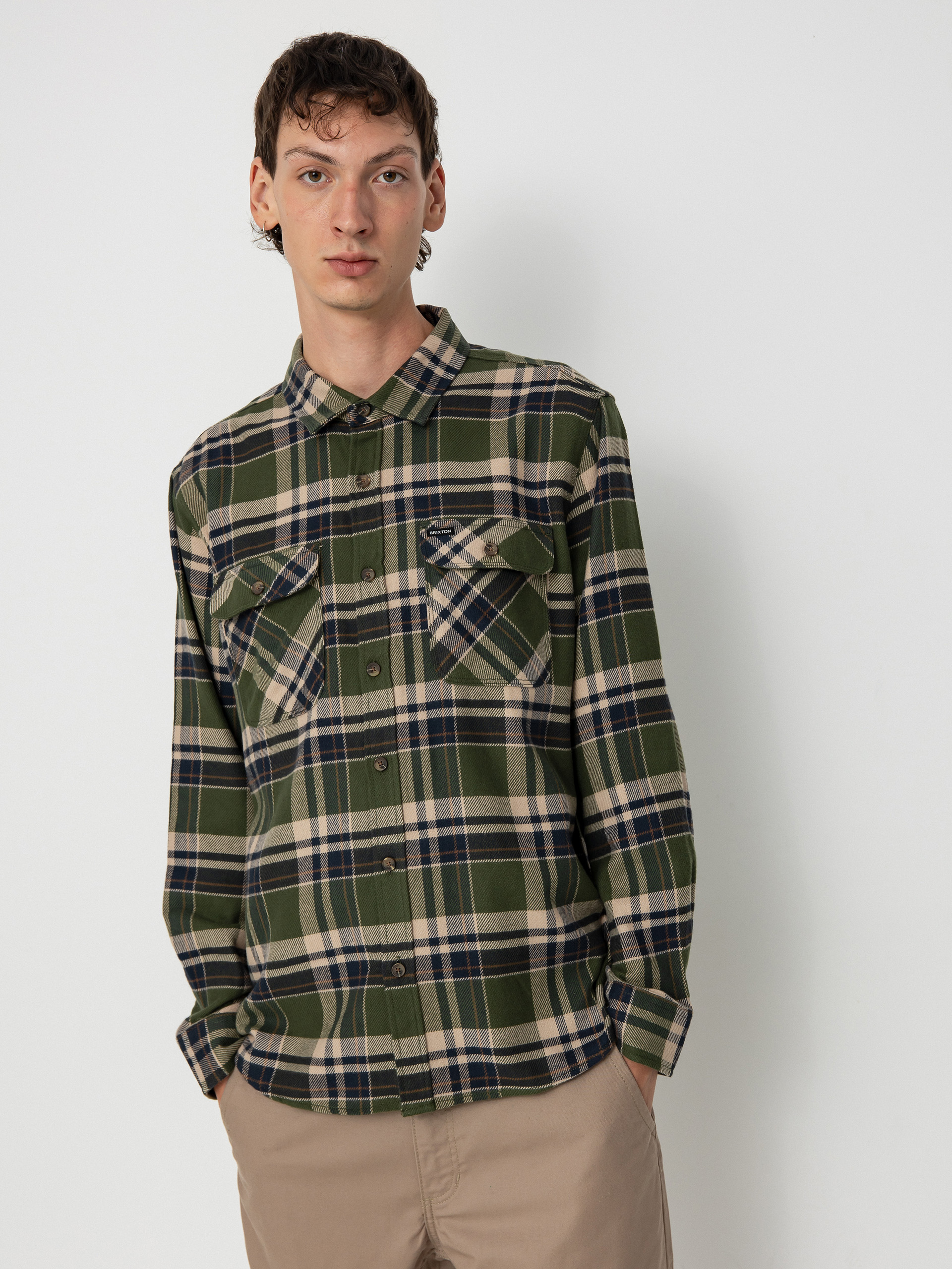 u0420u0438u0437u0430 Brixton Bowery Flannel Ls (cypress green/washed navy/whit)