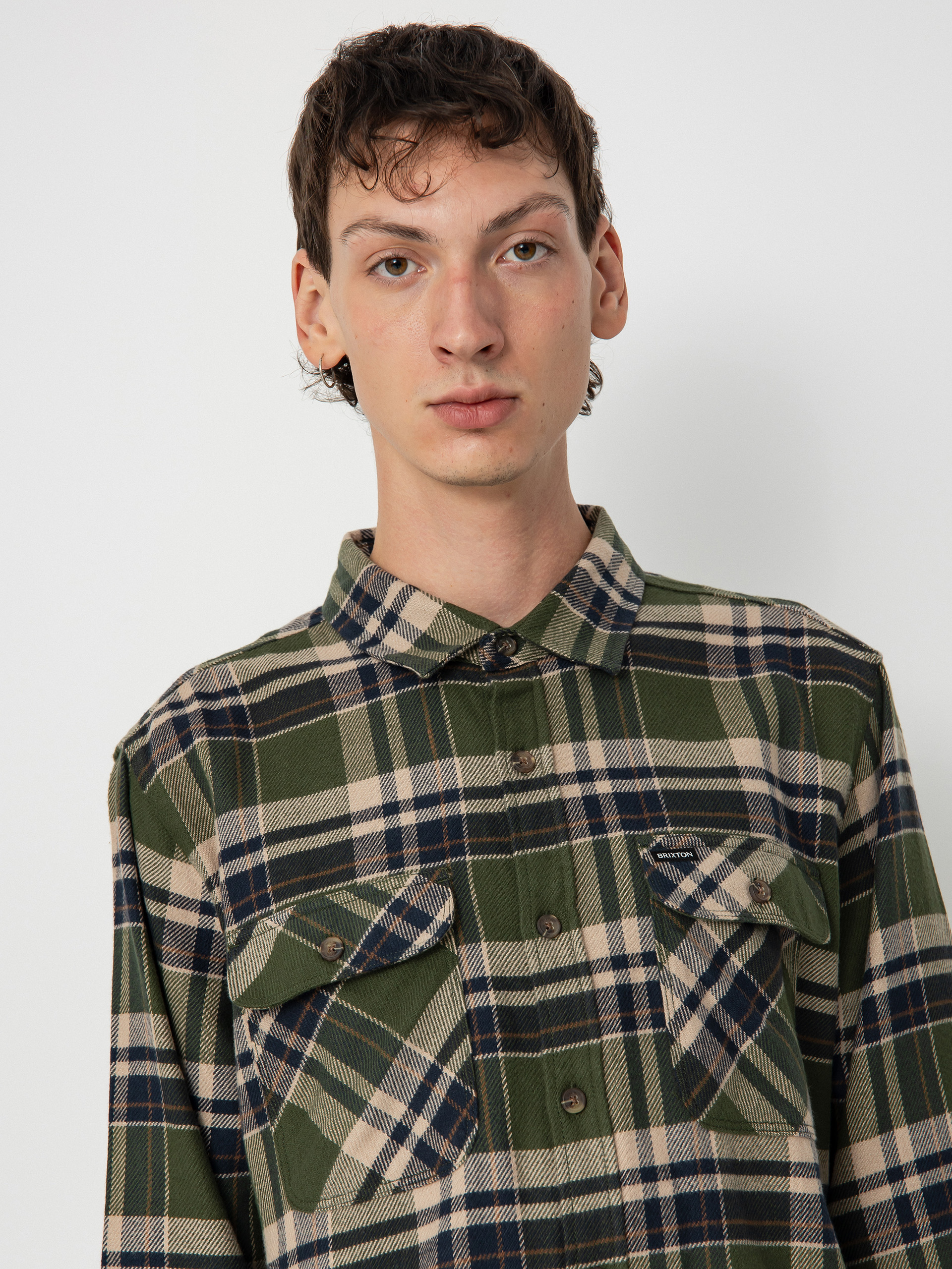 Риза Brixton Bowery Flannel Ls (cypress green/washed navy/whit)