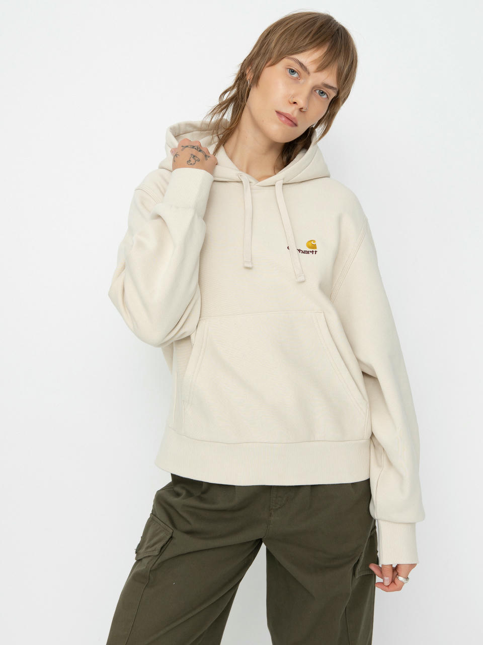 Суитшърт с качулка Carhartt WIP American Script HD Wmn (moonbeam)