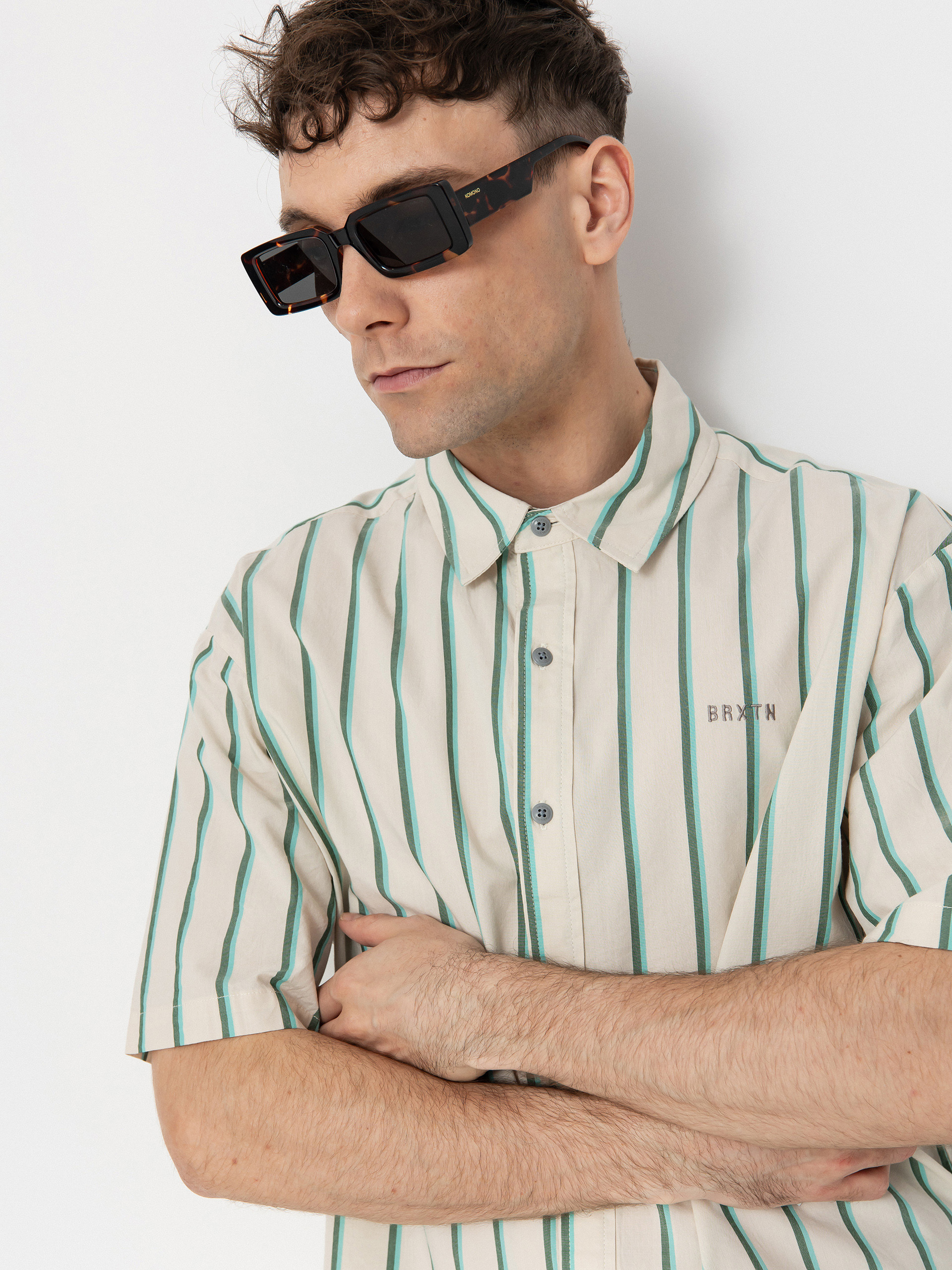 Риза Brixton Cru Stripe (beige/pine needle/aquatic gree)