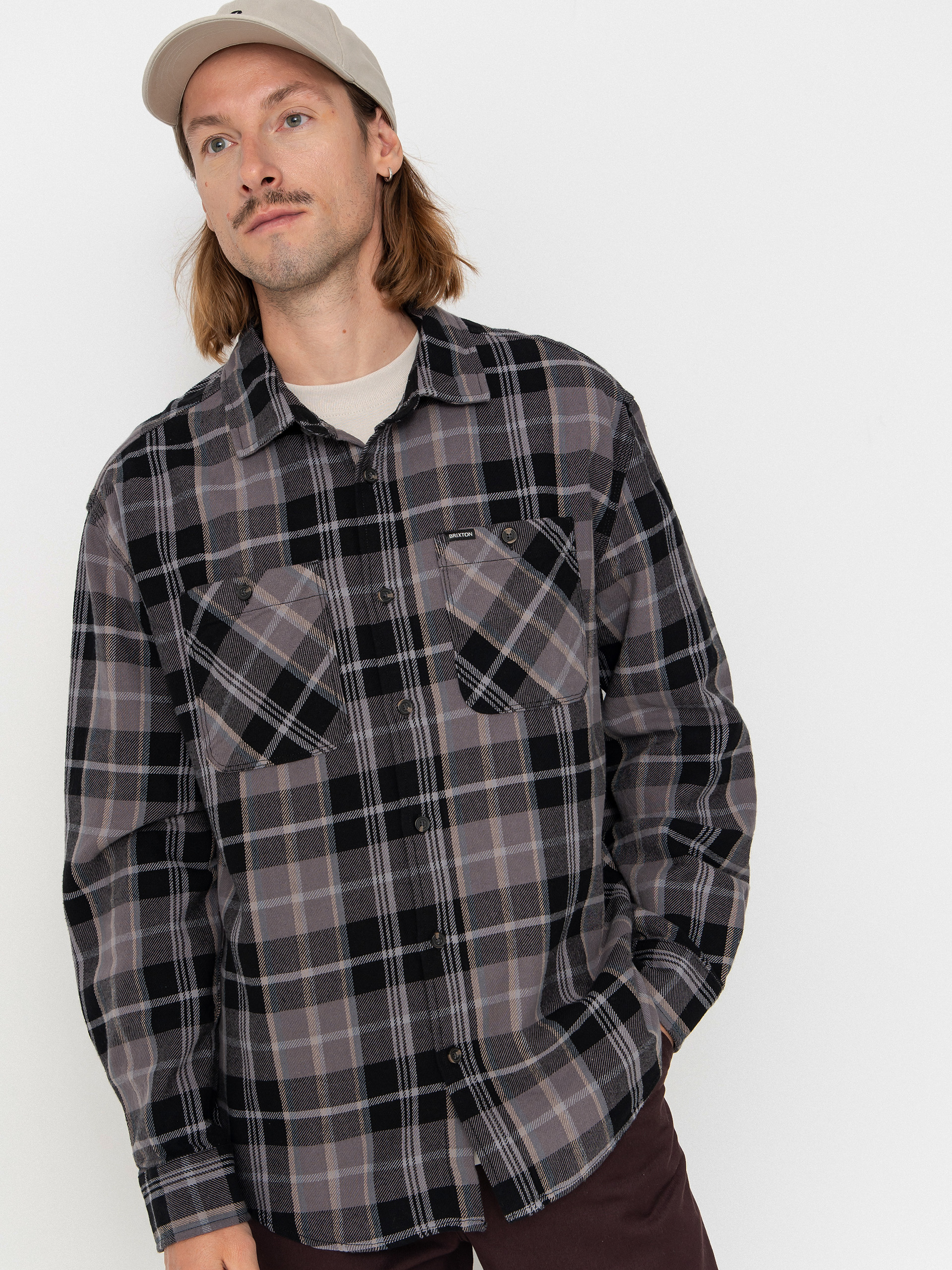 Риза Brixton Vintage Wash Flannel (black/charcoal beige/slate)