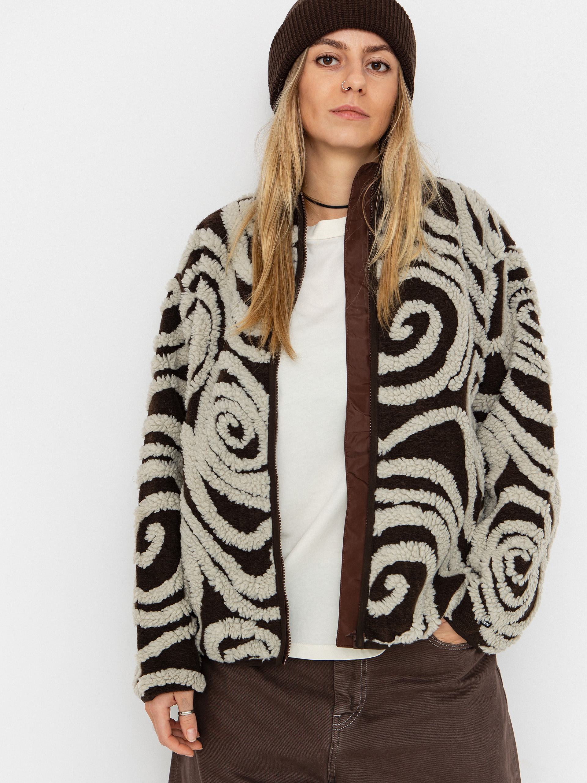 Поларени суитшърт OBEY Swirls Jacquard Zip Wmn (brown multi)