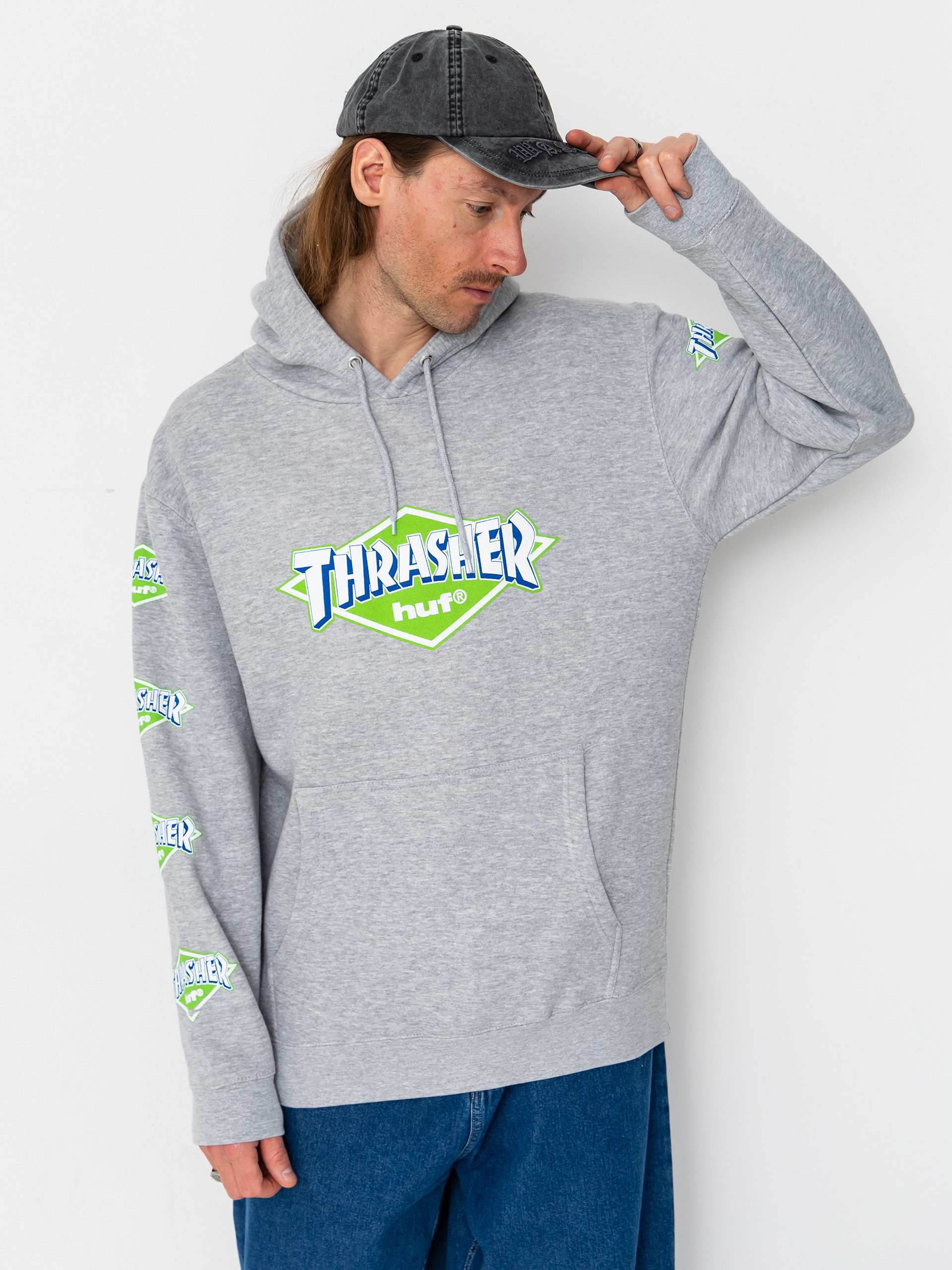 Суитшърт с качулка HUF X Thrasher Logo HD (heather grey)