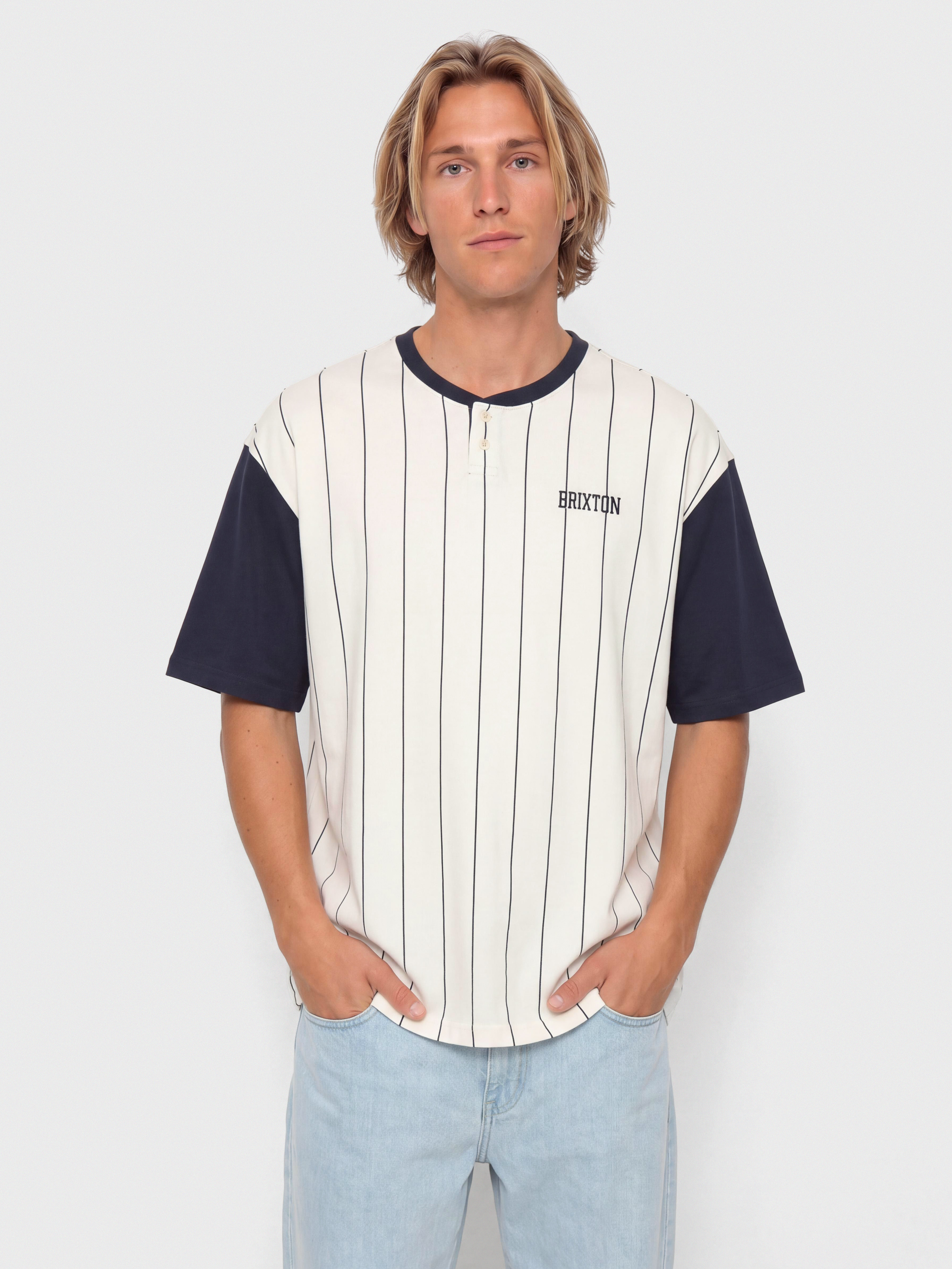 Тениска Brixton T-Shirt Boxy Baseball (off white stripe/washed navy)